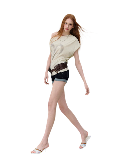Asymmetric Shoulder Heart Logo Ruched Waist T-shirt