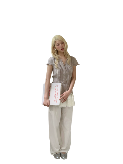 Ruffle Lace Waist-Trim Short Sleeve Shirt