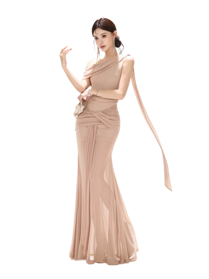 Asymmetric Off-Shoulder Mesh Long Dress