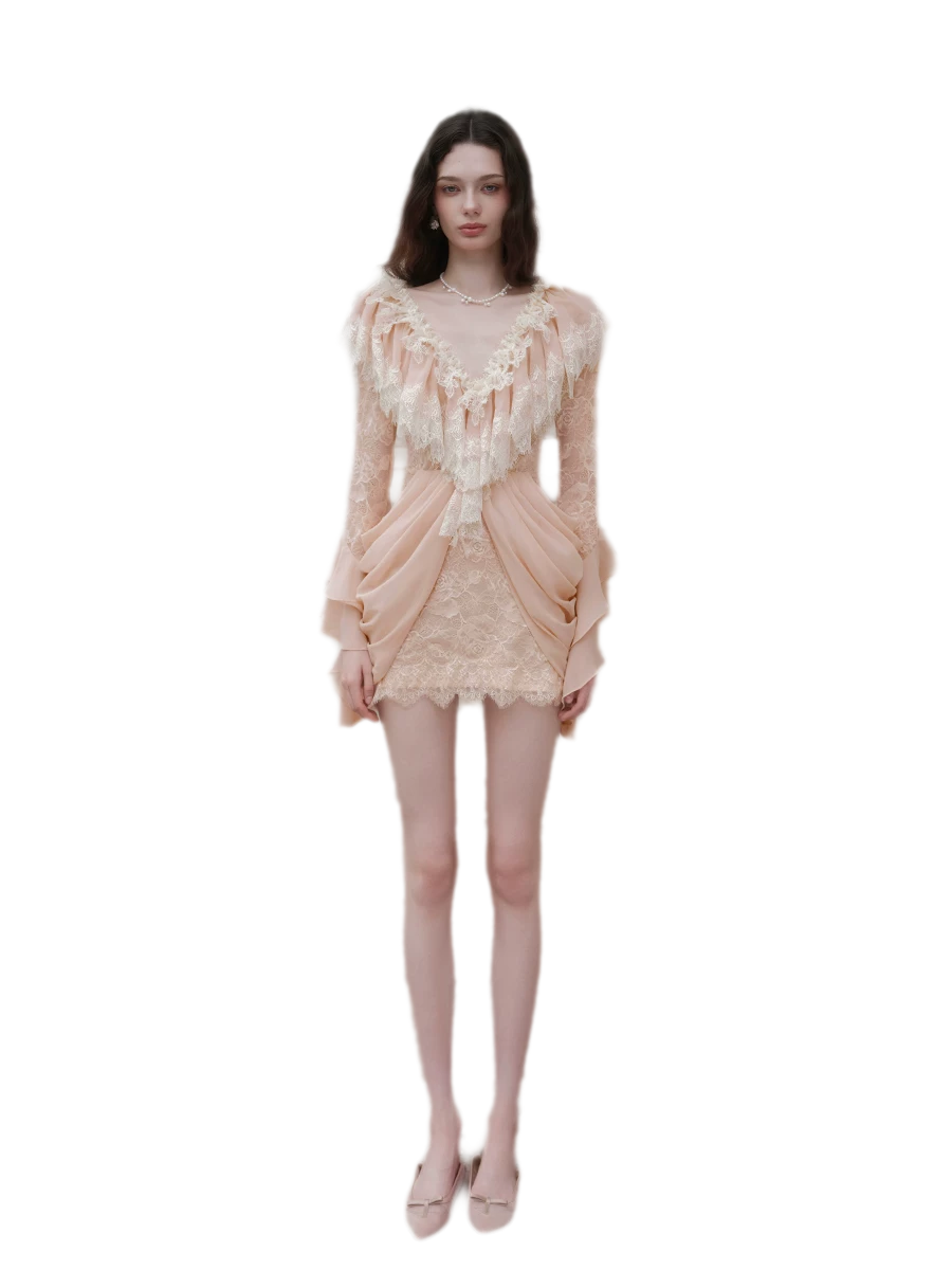 Lace Pleated V-Neck Dress