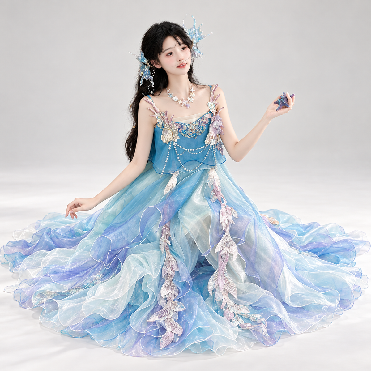 Doria Mermaid Song Embroidered Large-Sleeve