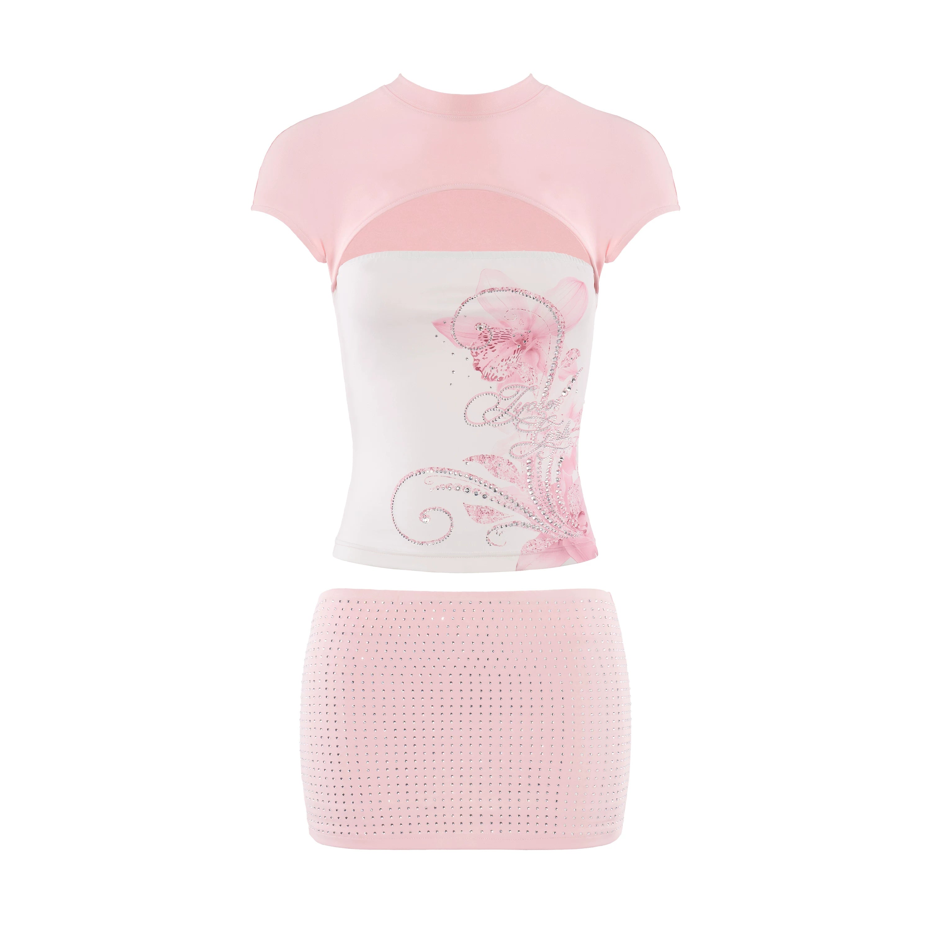 Y2K Style Crystal Embellished Top &amp; Mini Skirt