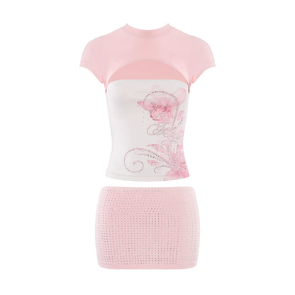 Y2K Style Crystal Embellished Top &amp; Mini Skirt