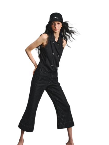 Retro Flare Cropped Jeans with Wide Waistband