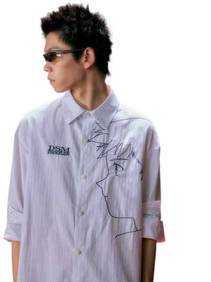 Fine-Stripe Embroidered Graphic Shirt