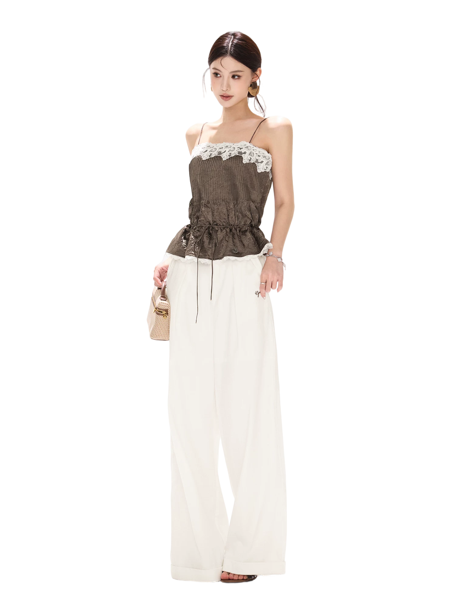 South France Holiday Contrast Lace Trim Ruffle Camisole