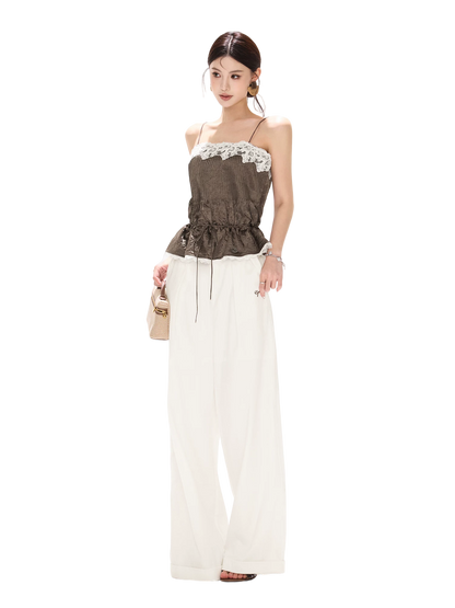 South France Holiday Contrast Lace Trim Ruffle Camisole