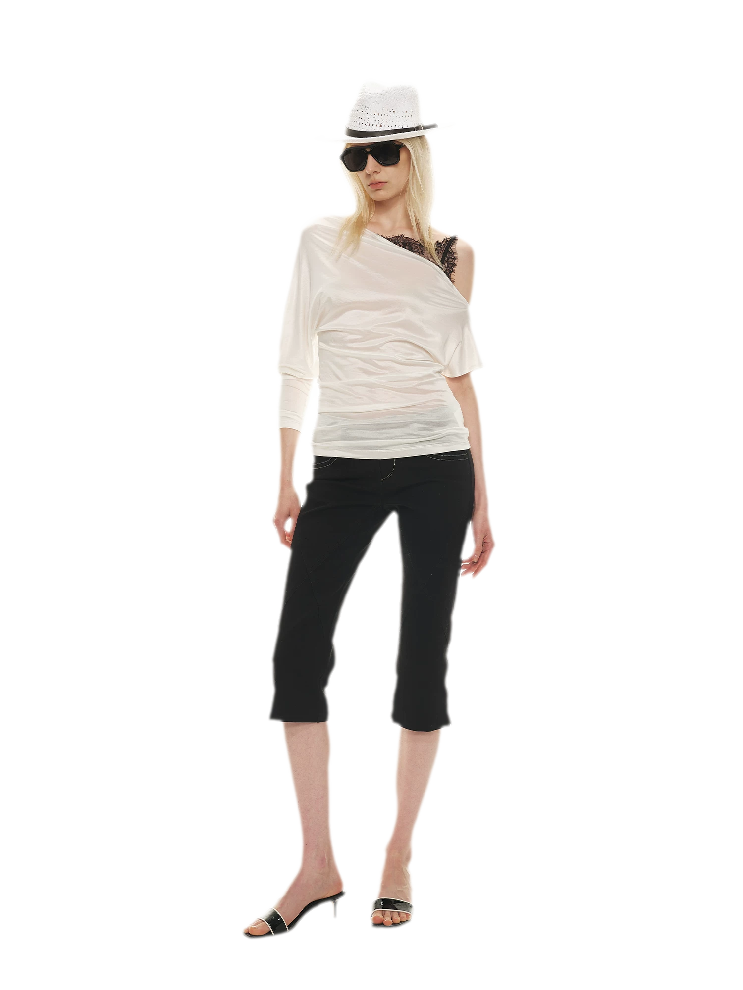 Silky Satin Texture Asymmetric Off-Shoulder Lace Trim T-Shirt