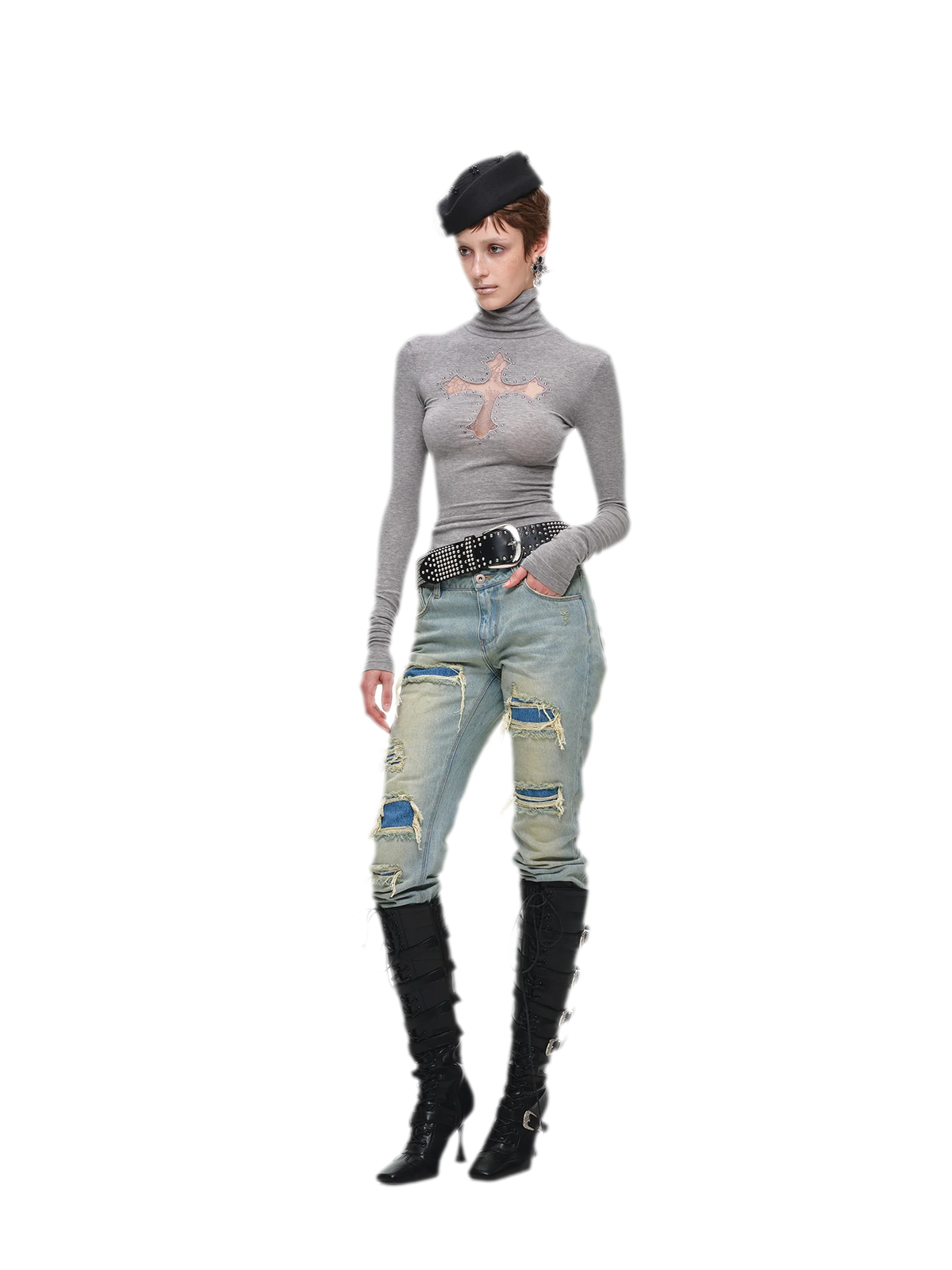 Rhinestone Lace Turtleneck Knit Top