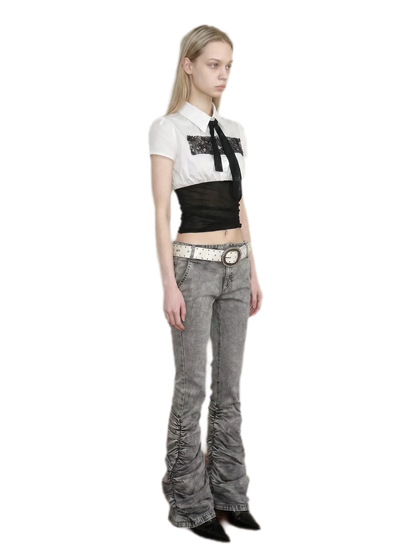Washed Low-Rise Ruched Flare Jeans