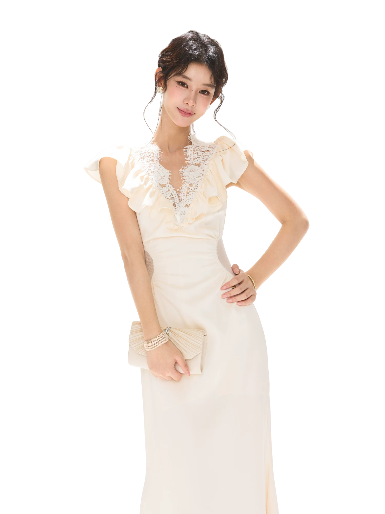 Lace V-Neck Ruffled Waist-Detail Midi Dress