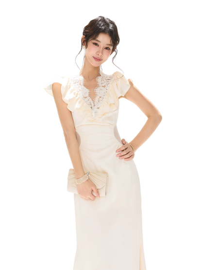 Lace V-Neck Ruffled Waist-Detail Midi Dress
