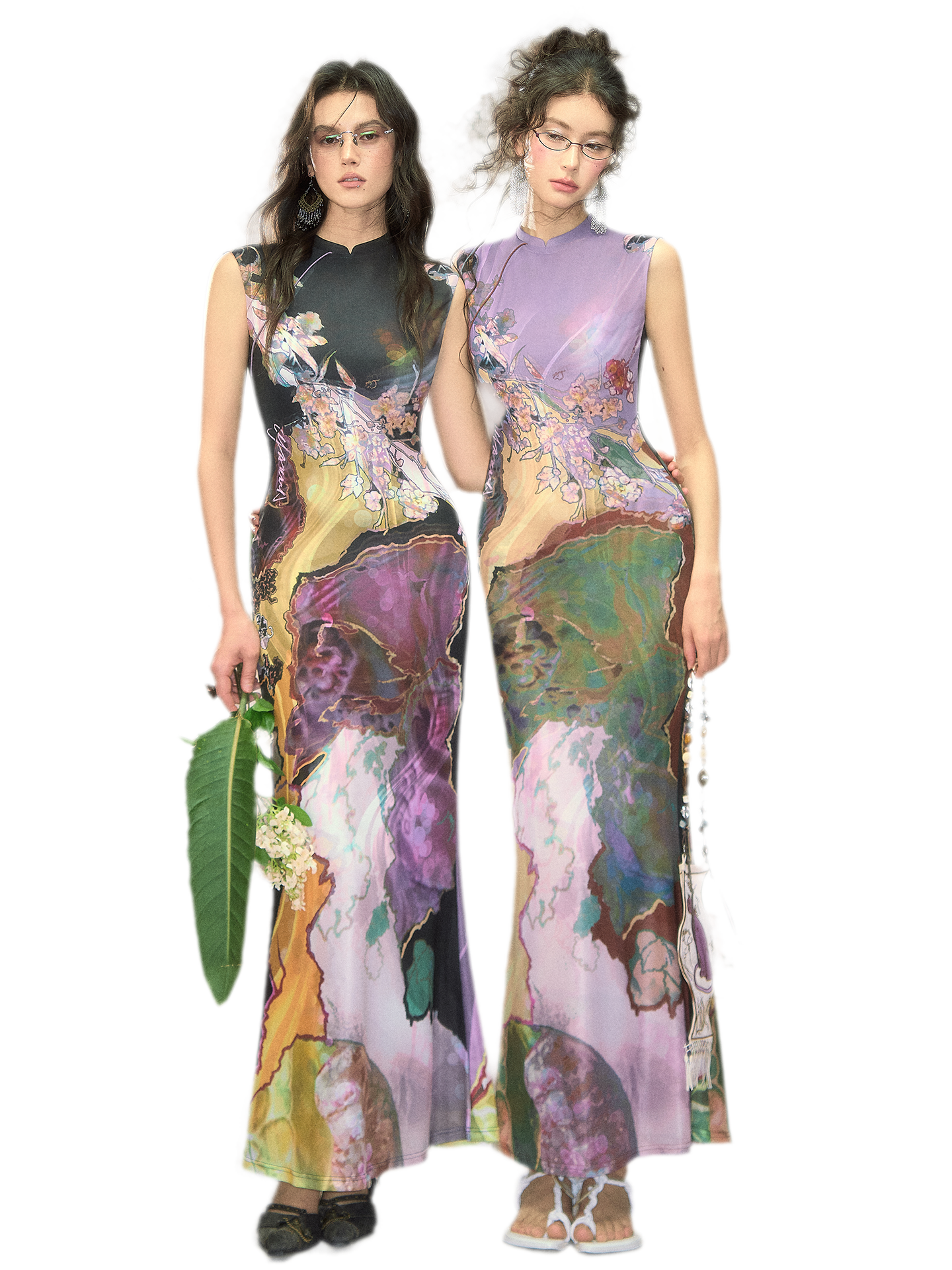 Tri-color Reversible Printed Qipao Dress