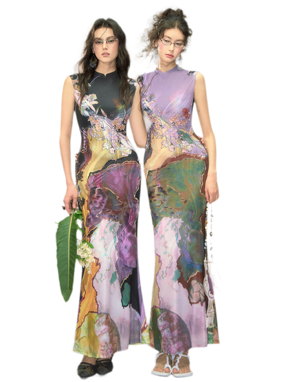 Tri-color Reversible Printed Qipao Dress