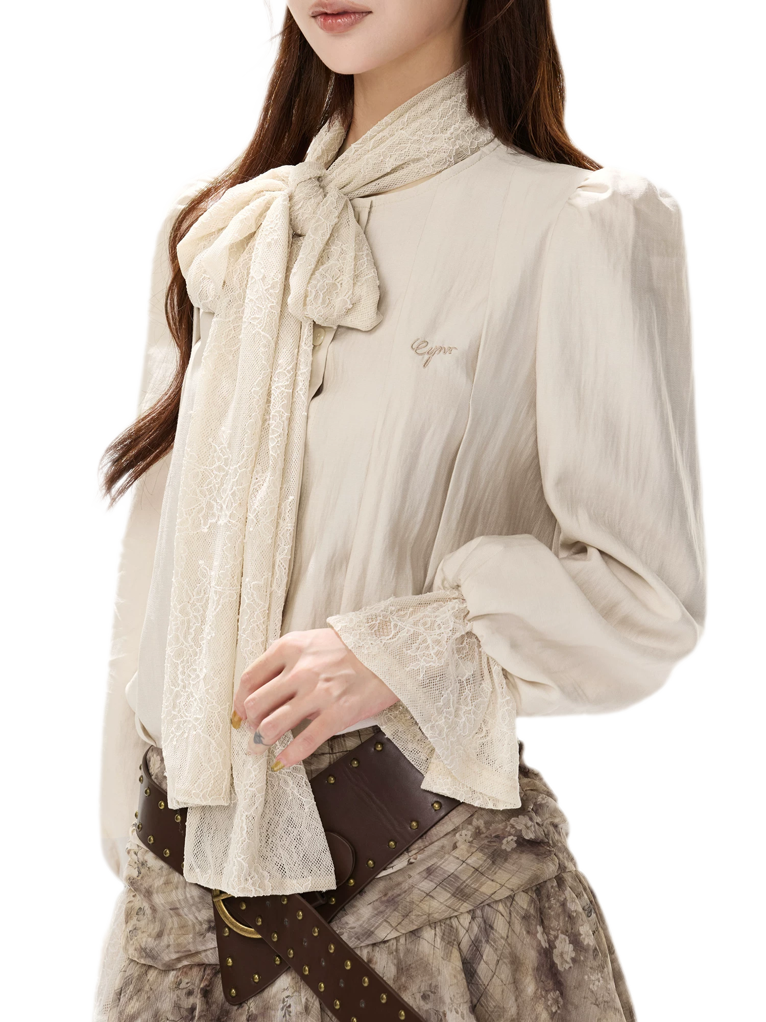 Textured Lace Tie Collar Blouse
