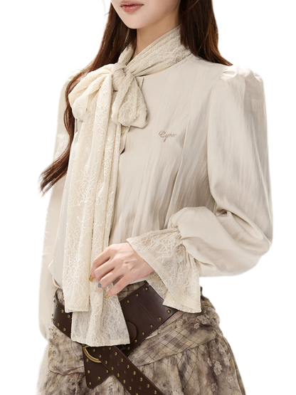 Textured Lace Tie Collar Blouse