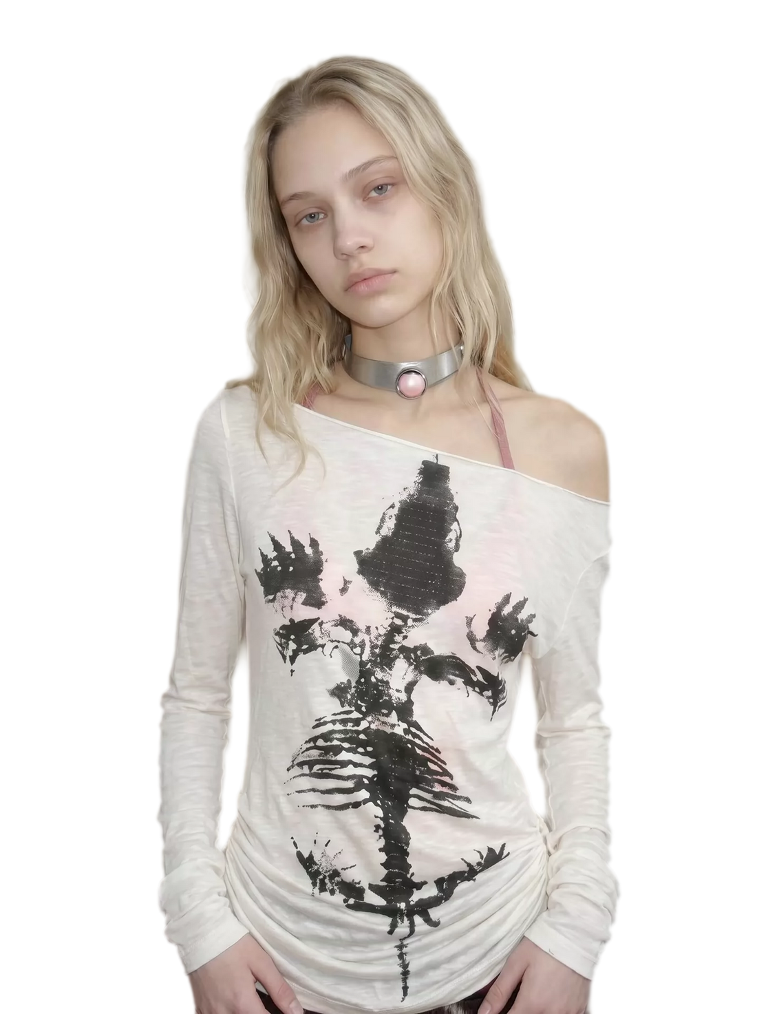 Sheer Asymmetric Skeleton Print Top