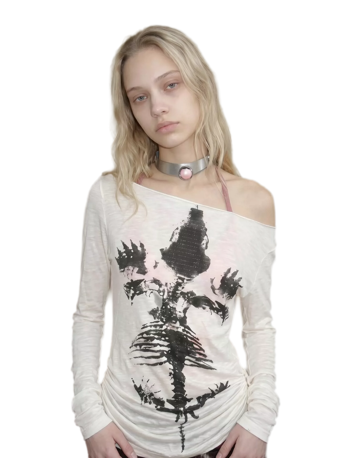 Sheer Asymmetric Skeleton Print Top