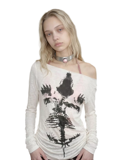 Sheer Asymmetric Skeleton Print Top