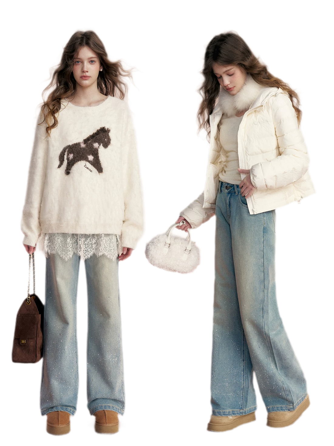 Embellished Fleece-Lined Wide-Leg Jeans