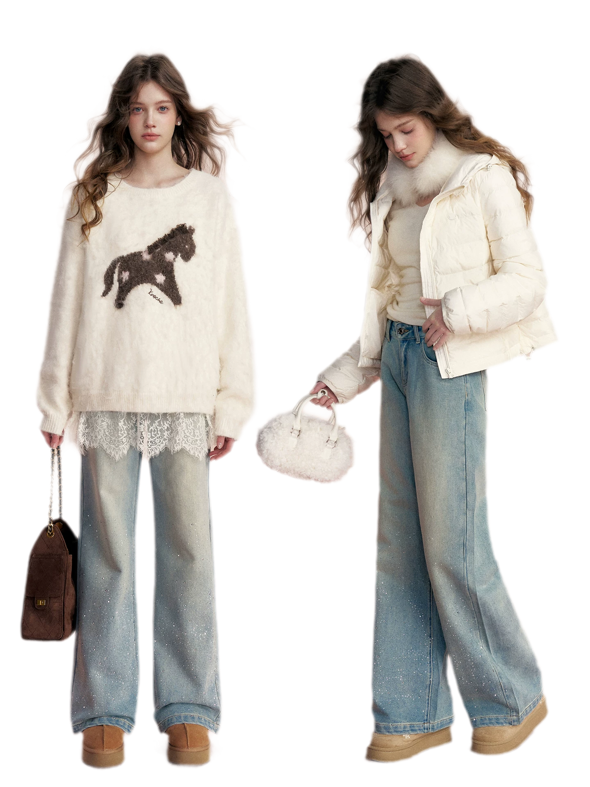 Embellished Fleece-Lined Wide-Leg Jeans