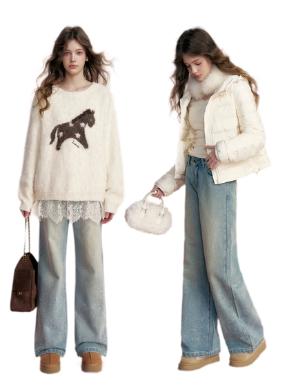 Embellished Fleece-Lined Wide-Leg Jeans