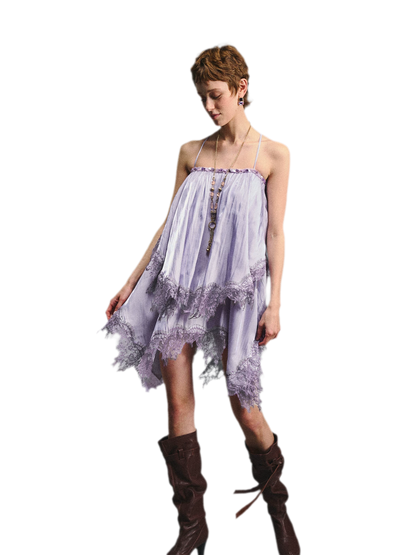 Lavender Galaxy Lace Satin Beaded Strap Dress