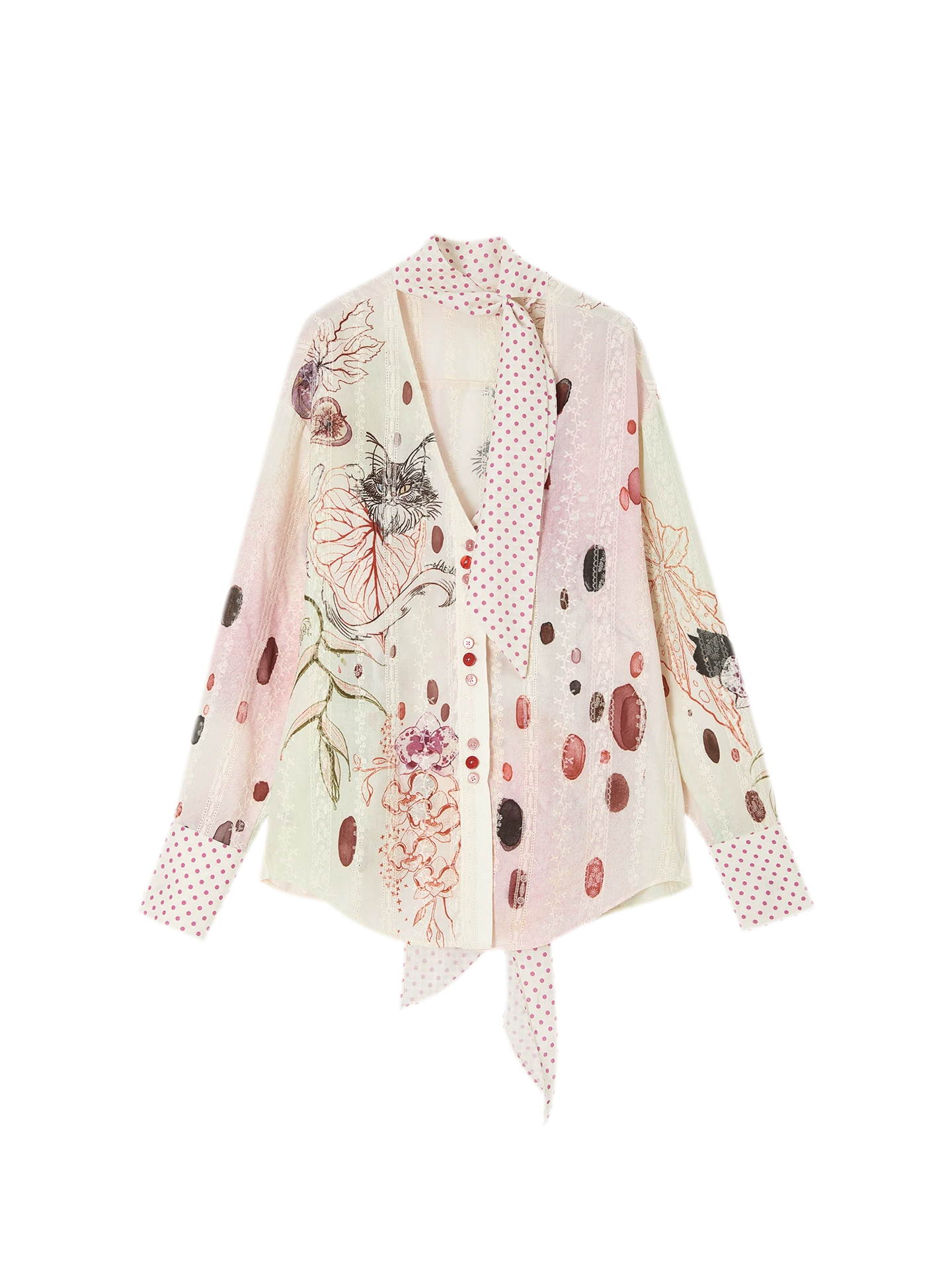 Horus Hand-Painted Watercolor Cat Print Shirt with Polka