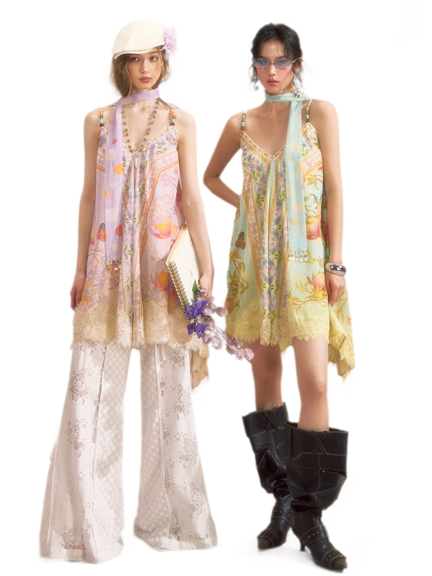 Peach Branch Print Metallic Chiffon Dress