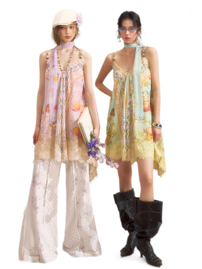 Peach Branch Print Metallic Chiffon Dress