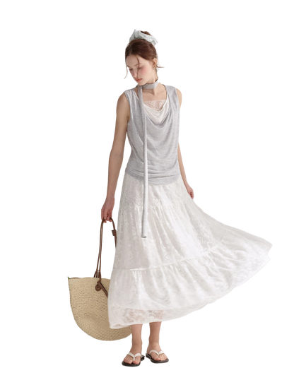 Draped Neckline Lace Patchwork Vest