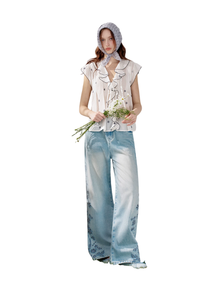 Embroidered Washed Wide-Leg Jeans