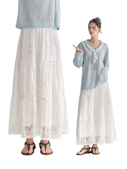Lace Trim Elastic Waist A-line Long Skirt