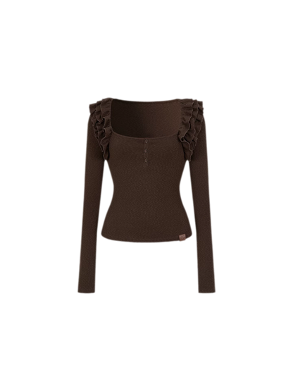 Ribbed Ruffle Square Neck Top