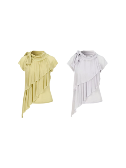 Ruffle Tie-Neck Tencel Short Sleeve Top