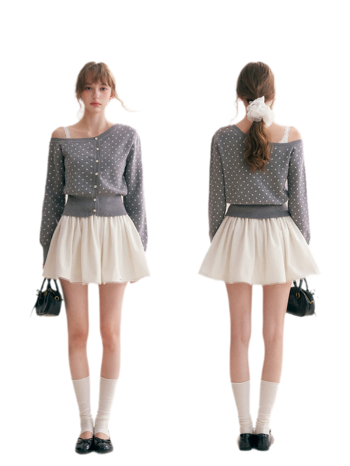 Polka Dot Slanted Shoulder Cardigan