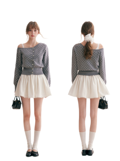 Polka Dot Slanted Shoulder Cardigan