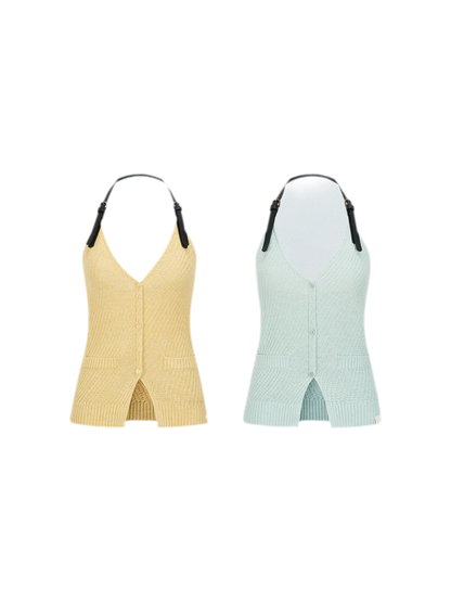 Colorblock Halter V-Neck Linen Knit Vest