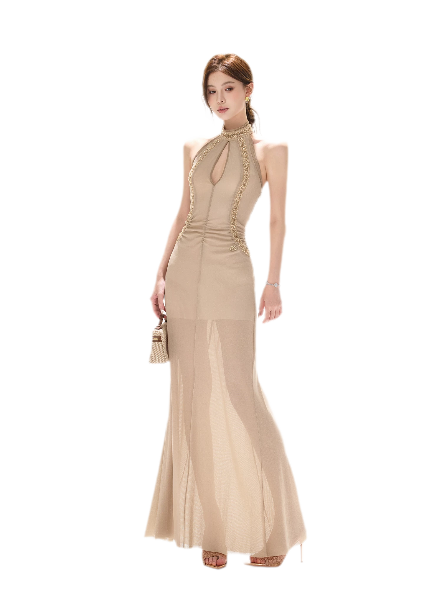 Beaded Halter Mesh Gown