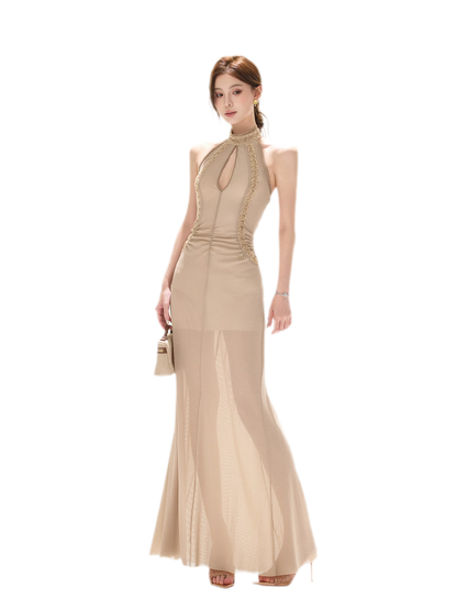 Beaded Halter Mesh Gown