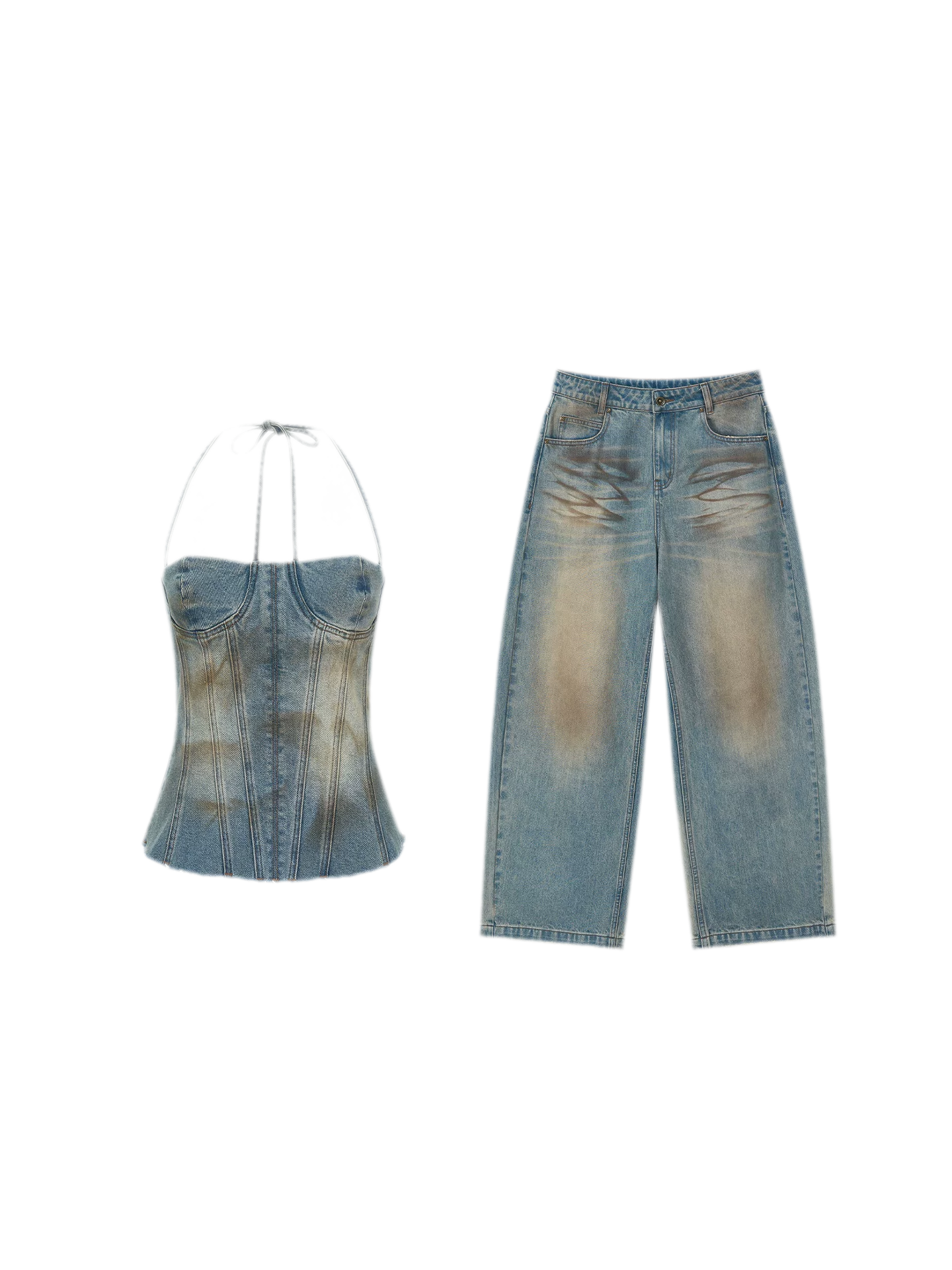 Denim Halter Top and Wide-Leg Jeans Set