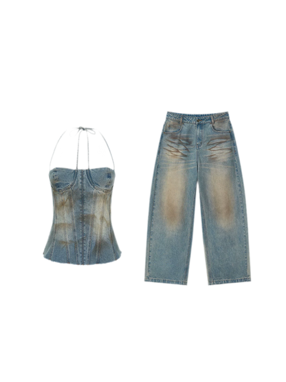 Denim Halter Top and Wide-Leg Jeans Set