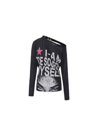 Distressed Graphic One-Shoulder T-Shirt