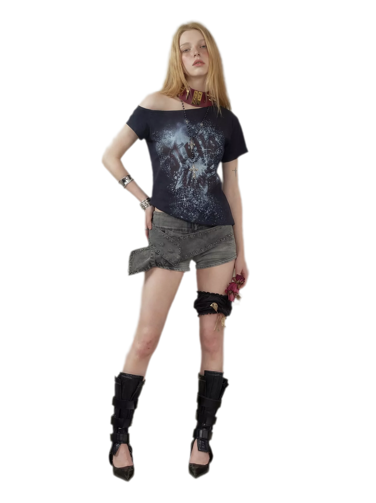Graphic Waist-Cinched Short-Sleeve Top