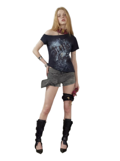 Graphic Waist-Cinched Short-Sleeve Top