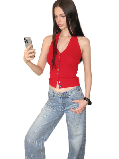 Rhinestone Distressed Denim Pants