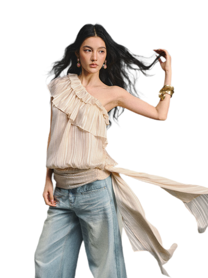 Asymmetric Ruffle Shoulder Top