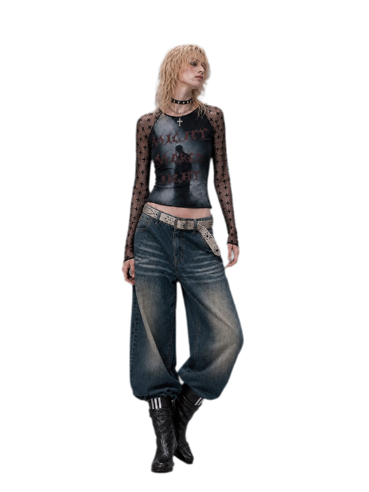 Sheer Graphic Cropped Long-Sleeve Tee