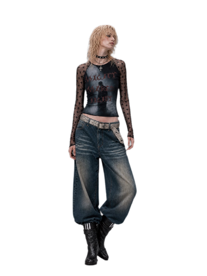 Sheer Graphic Cropped Long-Sleeve Tee