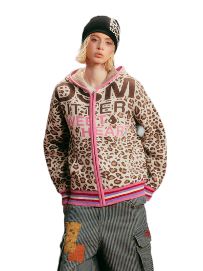 Leopard Jacquard Hooded Cardigan